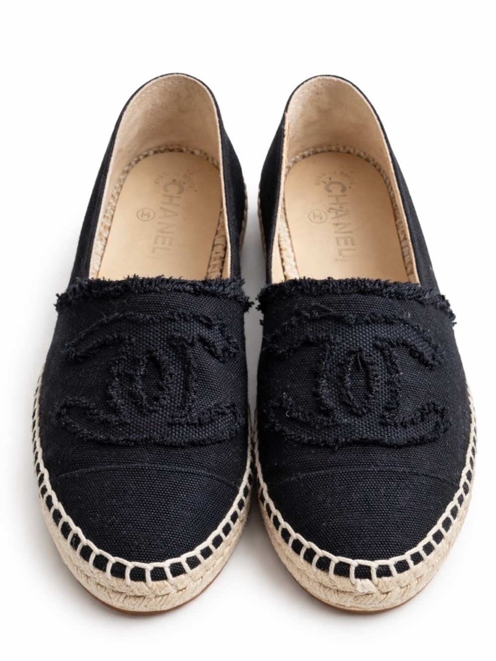 Chanel Black Canvas CC Espadrilles Flats Size 38 Made in Spain